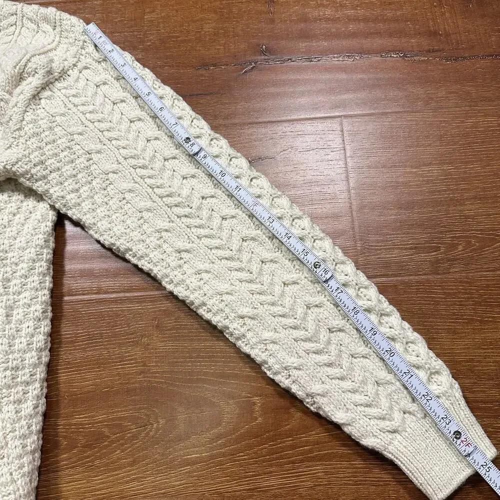 Shannon Woolen Mills Cable Knit Sweater Mens XL Ivory Merino Wool V Neck Ireland
